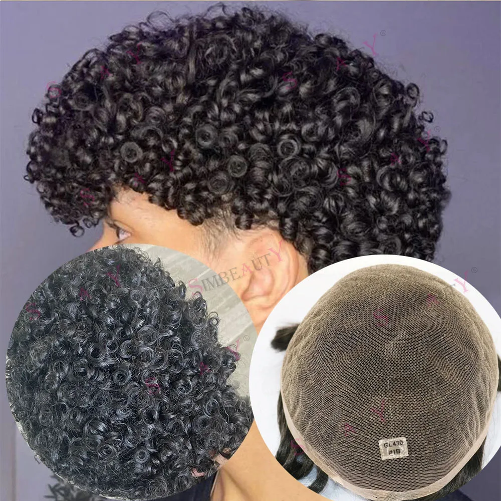 

Breathable Full Swiss Lace Base 15MM Afro Curly Toupee For Men Human Hair Wigs Replacement System Hair Topper Pieces Prosthesis