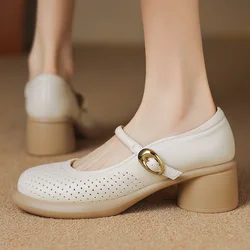Women's sheepskin hollow-out breathable slip-on Mary Jane pumps 5cm round heel platform high heeled OL style daily dress shoes