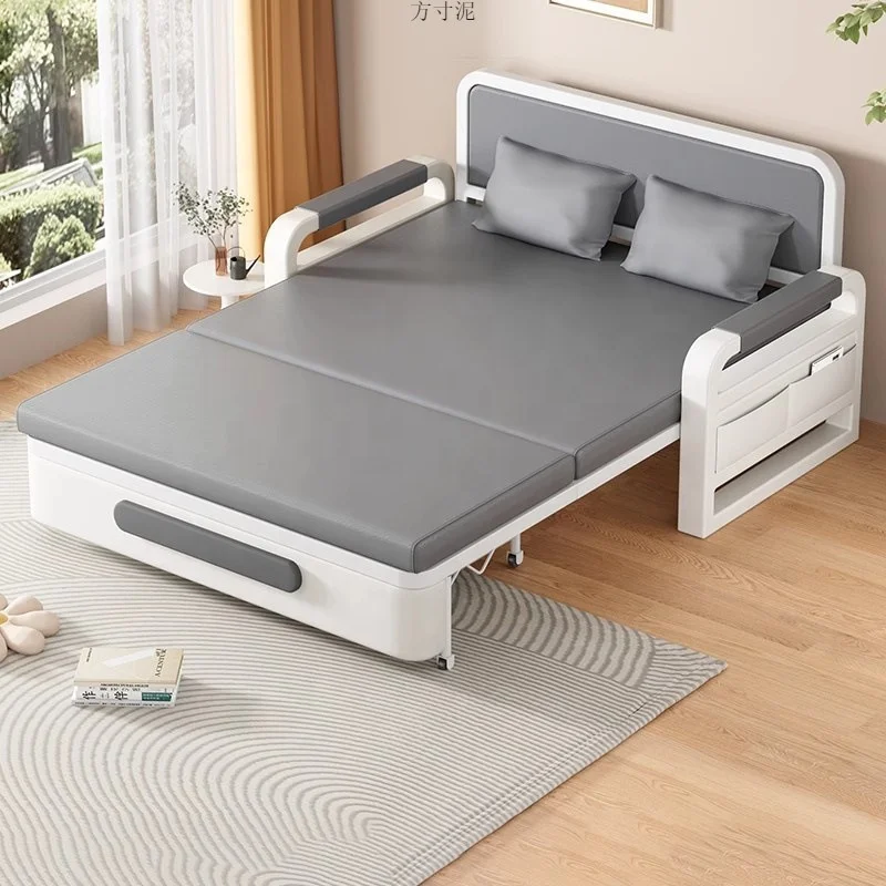 #Fabric Sleeper Sofa Bed with Storage Side Pockets Modern Minimalist Pull-Out Bed for Small Space Living Room Bedroom Furniture