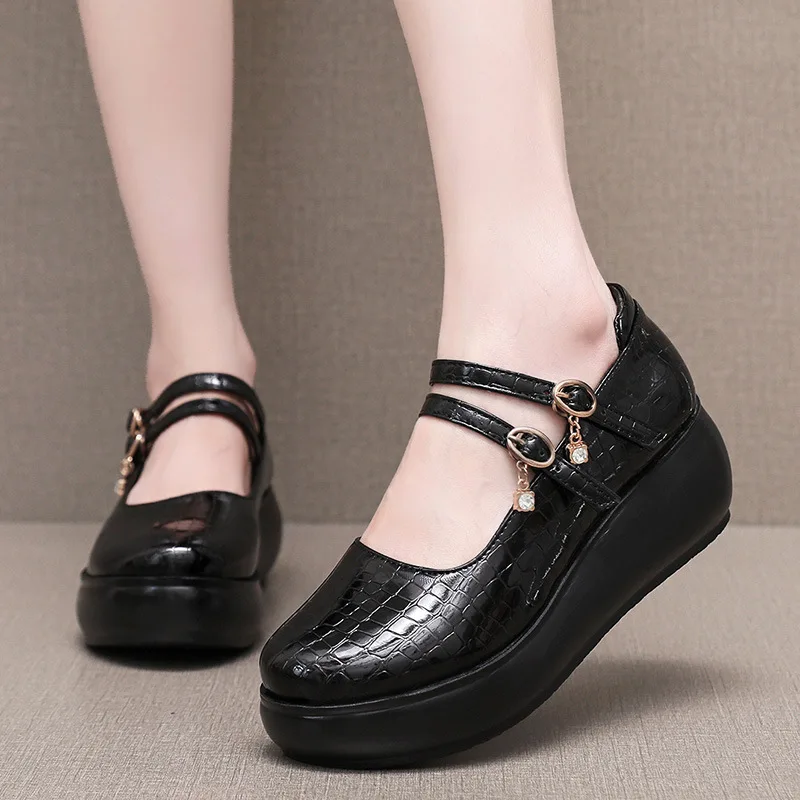 2024 Patent Leather Double-wedge Waterproof Platform Thick-soled Single Shoes Non-slip Soft-soled Mary Janes Round Head shoes