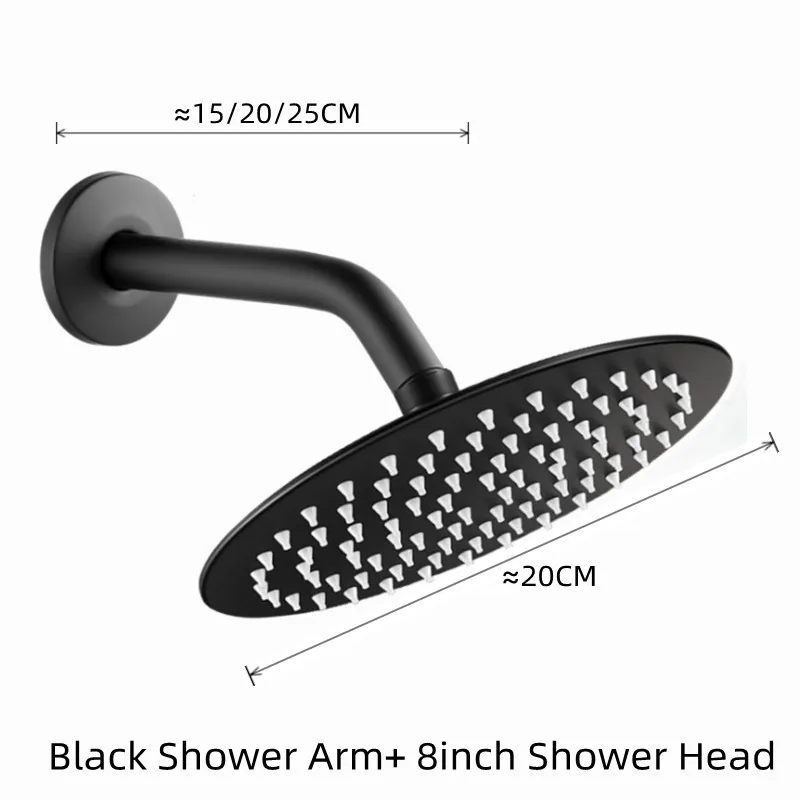 15/20/25CM Stainless Steel Wall Mounted Black Shower Arm with 8 Inch Rain Square&Round Bathroom Shower Head Accessories