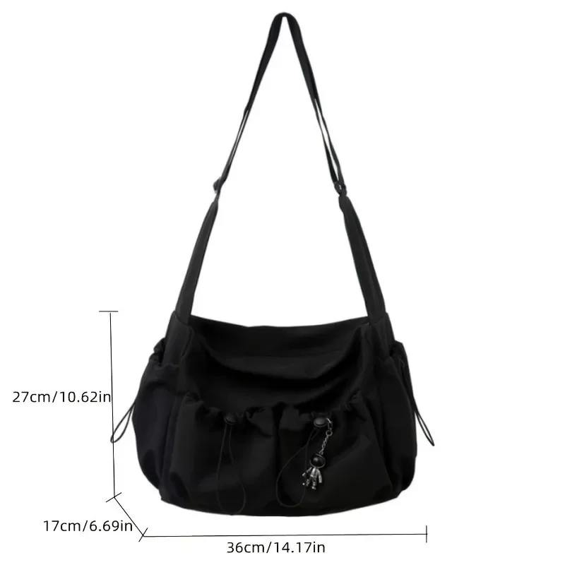 Unisex Drawstring Detail Crossbody Bag Mans Large Capacity Shoulder Bag Females Fashion Zipper Bag With Bag Charm