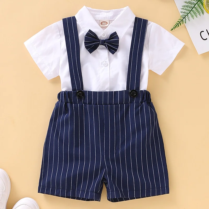 

0-24 Months Newborn Baby Boy Outfit Cotton Stripes Print Bow Tie Short Sleeve Button Romper Strap Shorts 2pcs Outfits