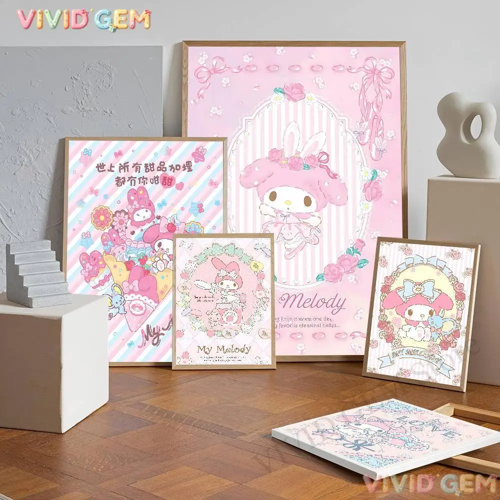 VIVID GEM Sanrio My Melody Pink Cute Diamond Embroidery Kit Full Drill 5D DIY Cartoon Cross Stitch Gift