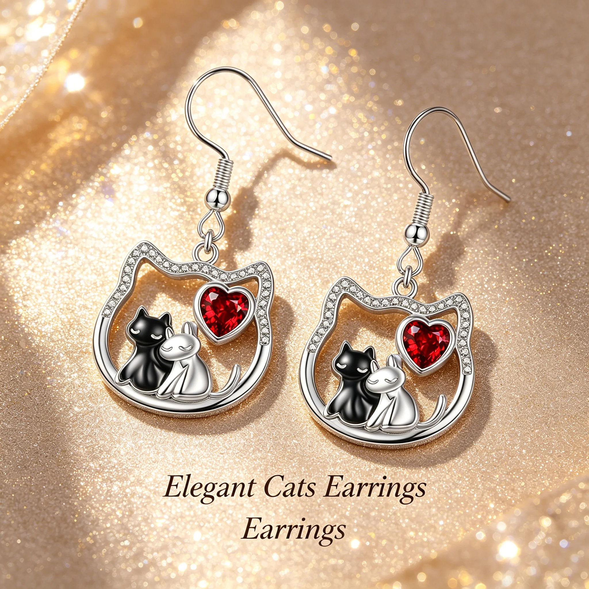 Black White Cat Dangle Earrings Silver Tone Red Heart Accent Pet Jewelry for Women Cat Lovers Gift