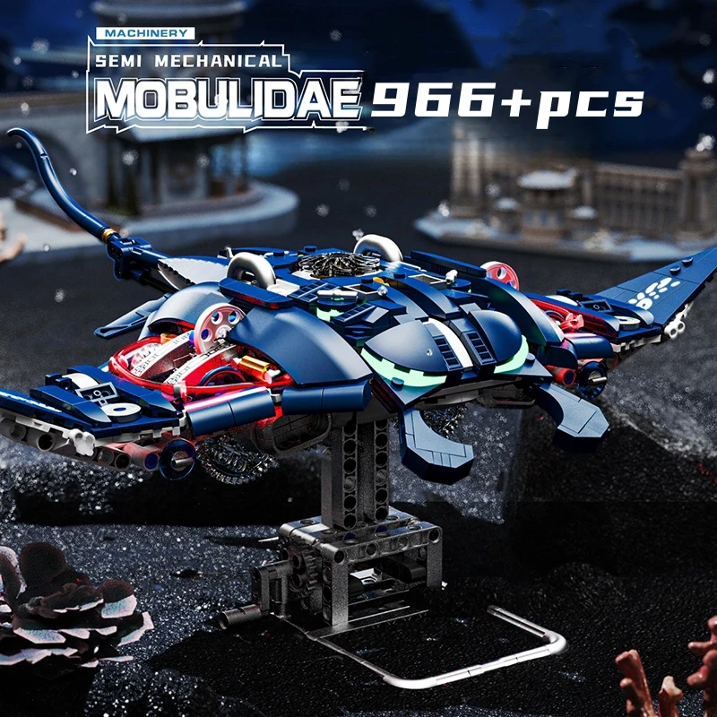MOC-Juego de animales marinos de Manta Ray mecánico, Motor de potencia, bloques de construcción, modelo DIY, juguete de montaje para niños, regalos de Navidad y cumpleaños