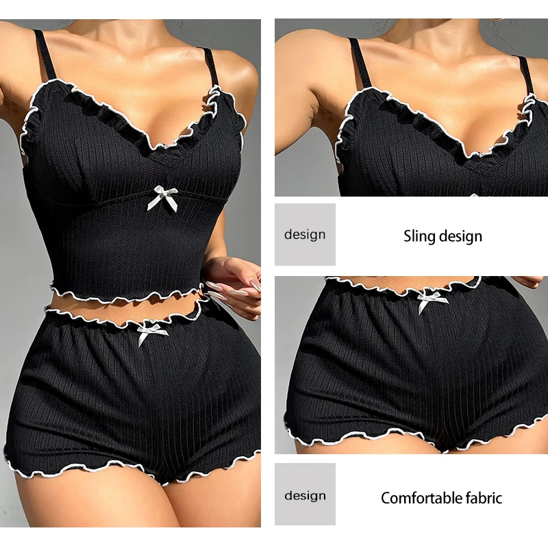 السيدات الصيف قطعتين مضلع النسيج الأسود الخامس الرقبة بروتيل المحاصيل الأعلى والسراويل مثير عارضة بيجامة مجموعة #3