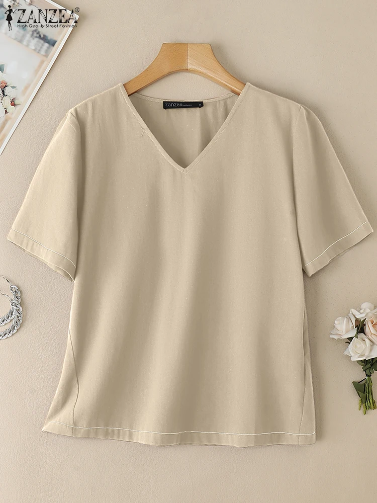 ZANZEA بلوزة صيفية بأكمام قصيرة ورقبة على شكل V قميص نسائي أنيق للعمل OL بلوزات غير رسمية متينة بلوزات فضفاضة قميص كبير الحجم 2025