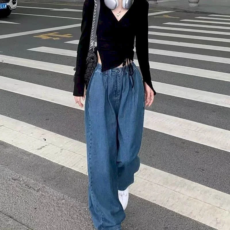 

Denim Women's Pant Wide Leg Pants 2023 New Spring Casual Pants Straight Jeans Women Streetwear Pockets Elastic Waist Clothes