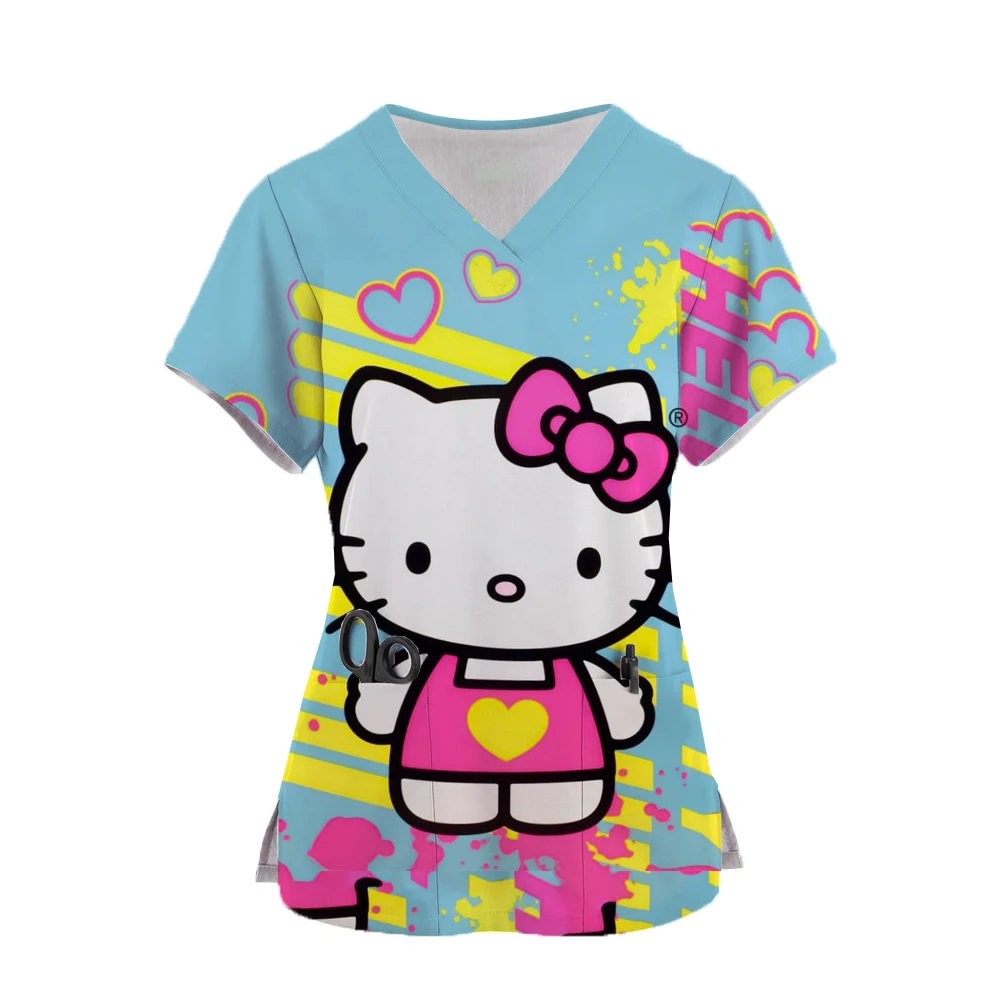 Women Nursing Clothing 3XL Hello Kitty Print Nursing Scrubs T-Shirt Tops Casual Short Sleeve V-neck Pocket Women Scrubs Uniform