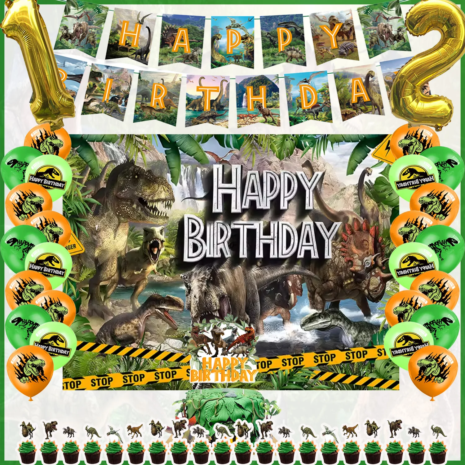 Cartoon Jurassic Dinosaurier Geburtstagsparty-Dekoration Happy 1st Birthday Hintergrund Ballons Cupcake-Topper Partyzubehör für Jungen Geschenke