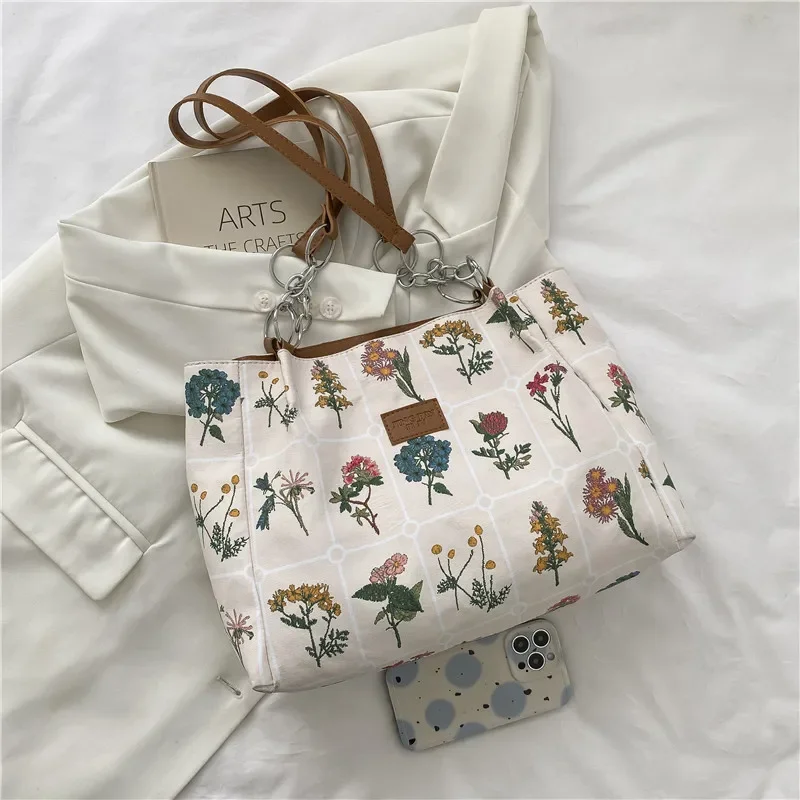 Women\'s 2024 New Large Capacity Canvas Bag Printed Flower Handheld Classroom Commuter Single Shoulder Tote Bags