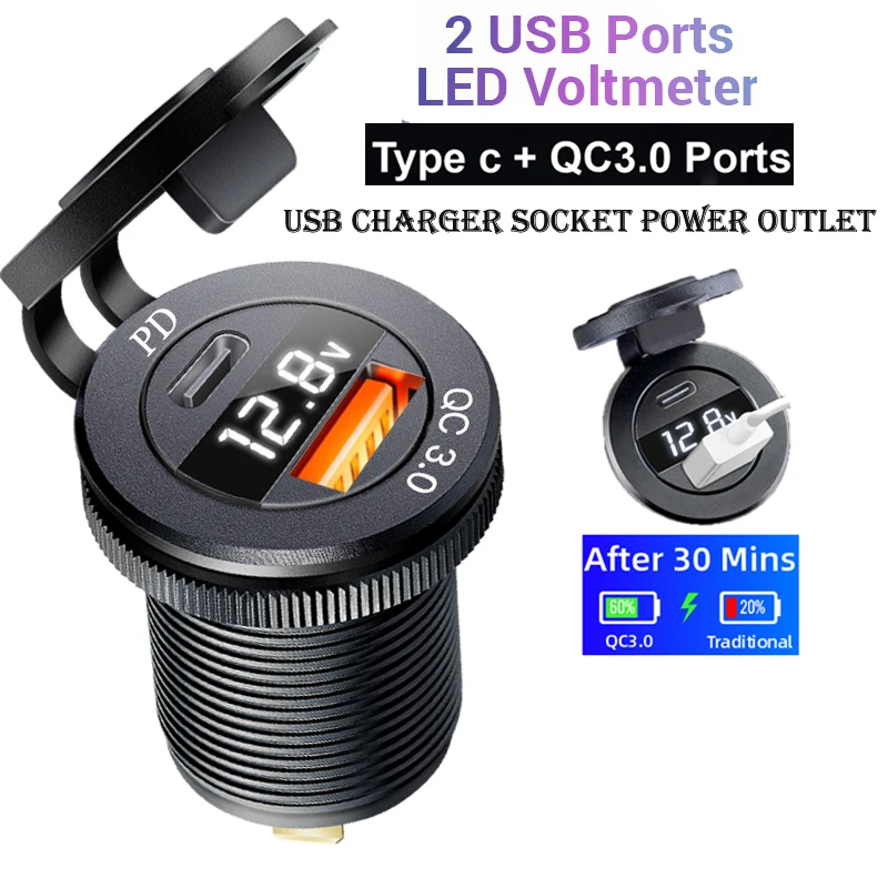 USB C Car Charger Socket 12V/24V Dual USB Socket PD3.0 and QC3.0 Car USB Port With LED Voltmeter
