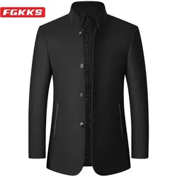 FGKKS 2024 Men's Woolen Jacket Zhongshan Suit Stand Collar Men's Autumn And Winter Style Woolen Coat