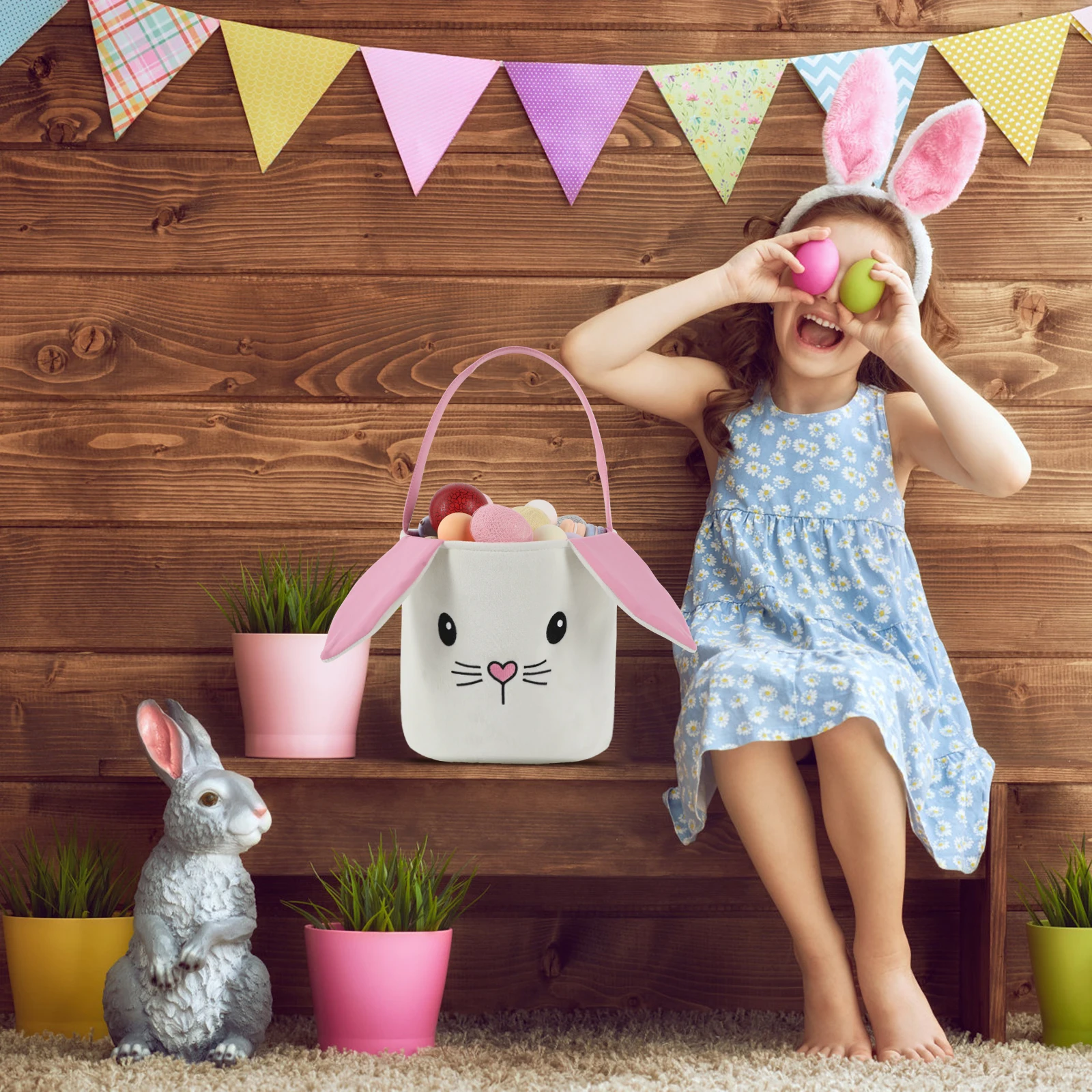 Cesta de conejo de Pascua para bebés, niños, niñas, Cubo de Pascua vacío de felpa suave, decoraciones de recuerdo de fiesta, bolso de mano