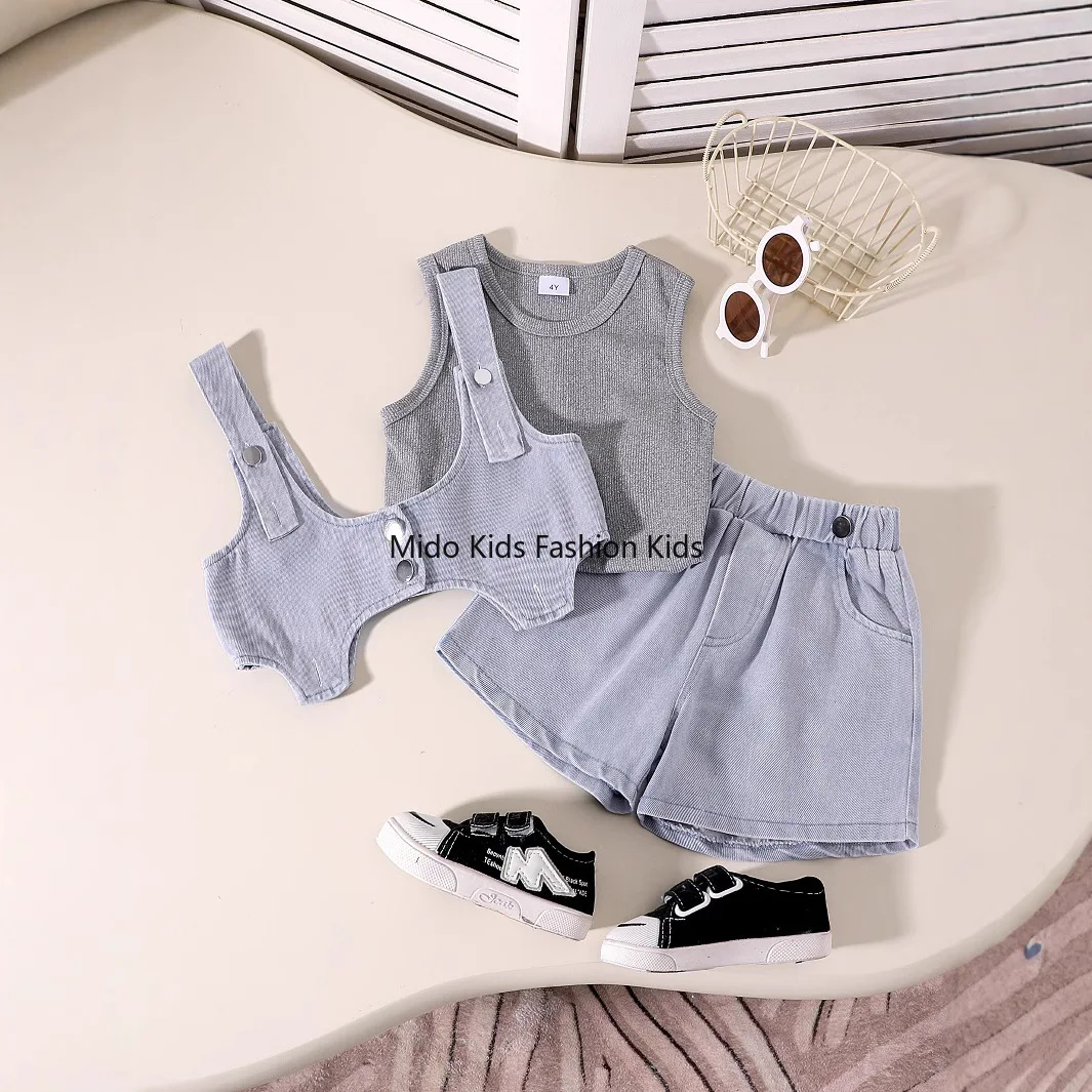 Fashion Kids Girls 3PCS Outfit, Sleeveless Ribbed Vest Top, Irregular Cami Vest & Denim Shorts Set for 4-7Y