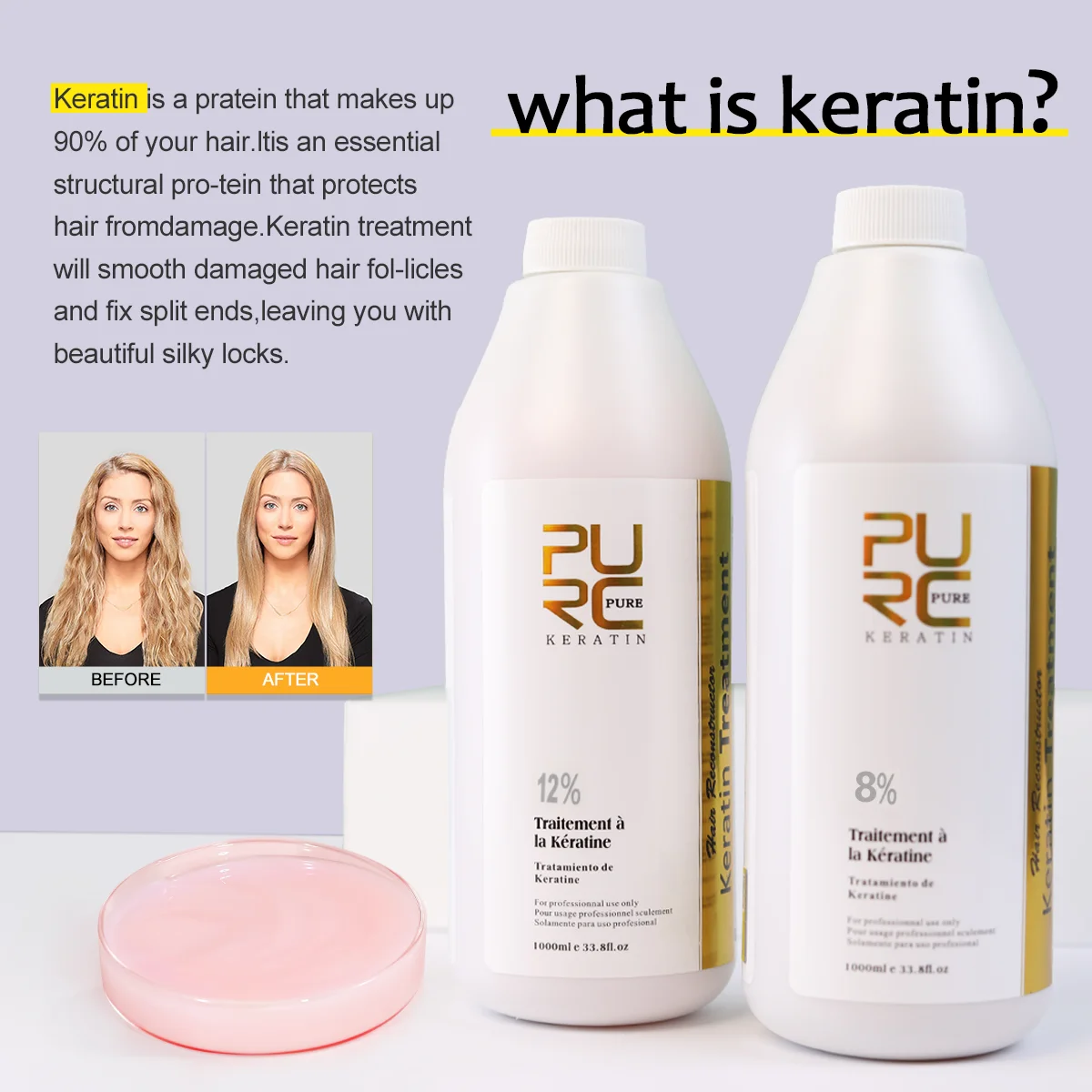PURC Brazilian Keratin Hair Treatment Formalin Smoothing Straightening Softening Nourishing Hair Care PURE 1000ml
