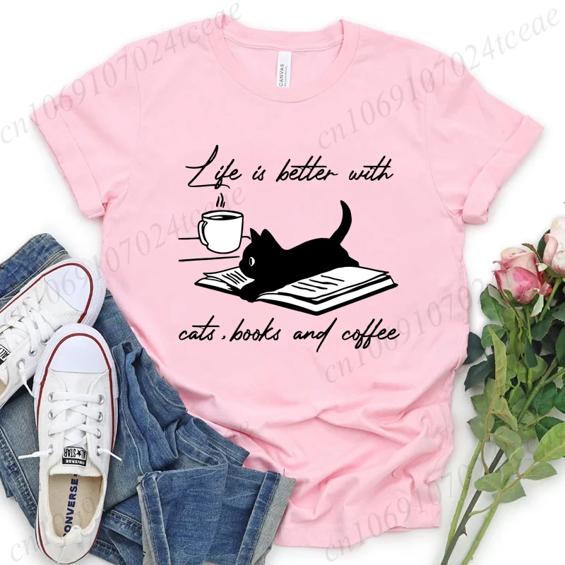 고양이, 책 및 커피 Tshirt와 함께 삶은 더 좋습니다 재미 있은 인용문 인쇄 T-셔츠 여름 패션 Tshirt 여성 반팔 티셔츠