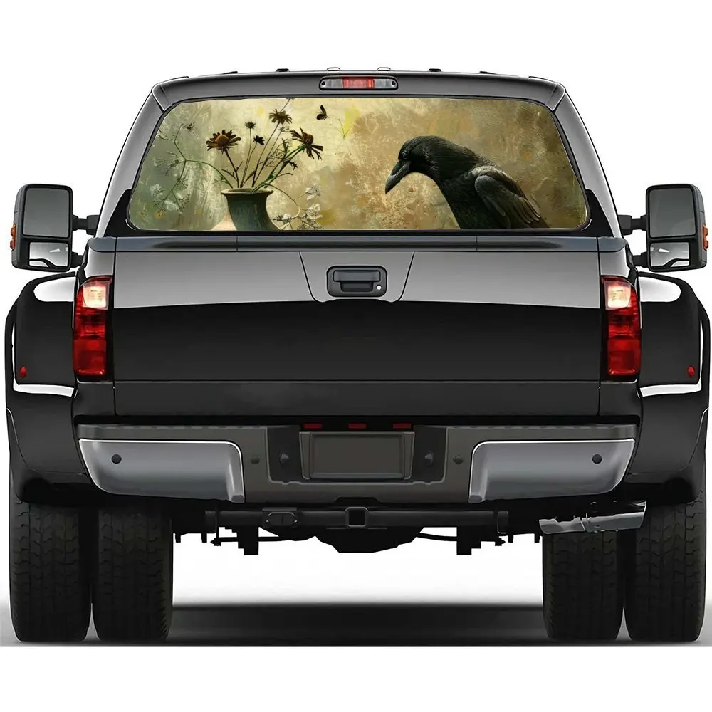 

Mysterious Raven beside Vase Car Rear Windshield Sticker Truck Window See Through Perforated Back Window Vinyl Decal Decoration