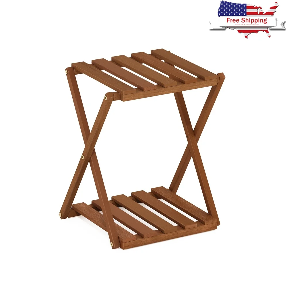 

Outdoor Toolless Multipurpose Folding Display Shelf Plant Stand Side Table 2-Tier Natural Wood Water Resistant Compact Design