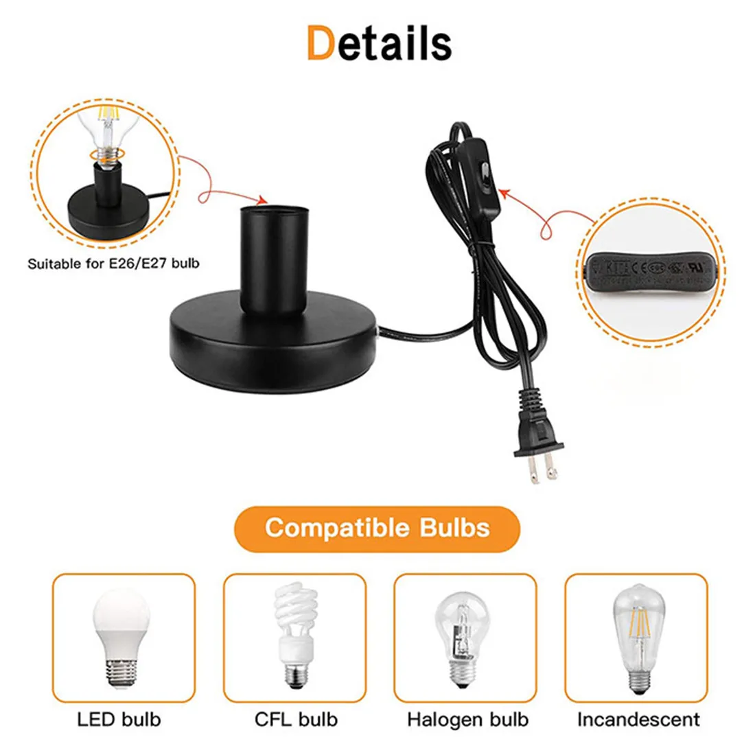 Anti-Slip Metal Desktop Lamp Base 180cm Cord E27 E26 Base Holder with on/off Switch, EU AU BS US Plug Screw Base for Table Lamp