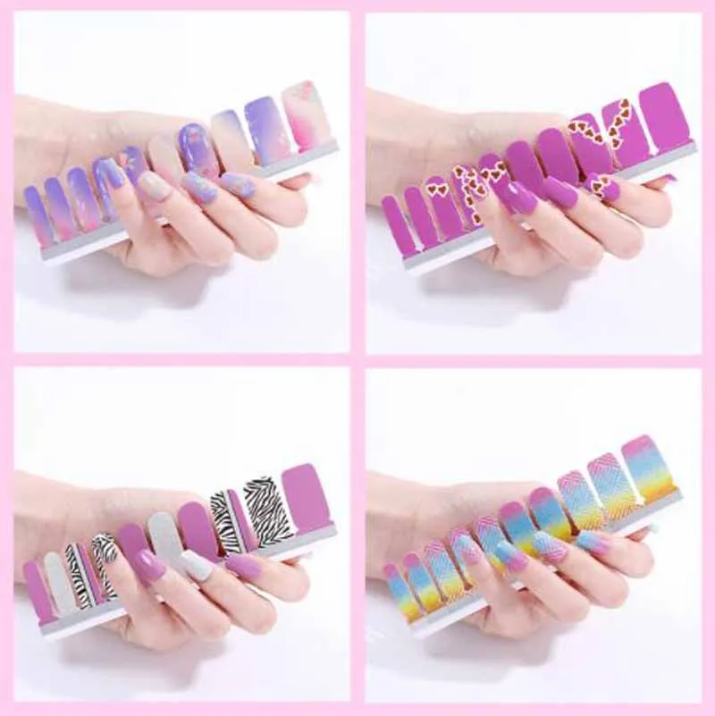 New Full Cover Fake Nail Stickers Decals Striped Transfer Nail Sticker Tips Christmas New Year Holiday Nail Wraps Art Decoration