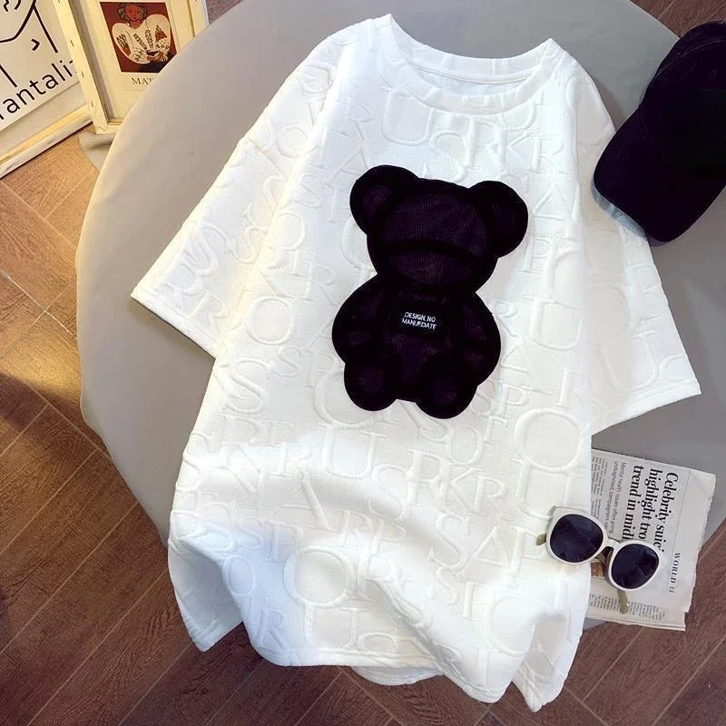 Women's T-shirts Harajuku Girls Plus Size Tops Letter Jacquard O-neck Short Sleeves Loose Summer Tshirt Bear White Tees M-5XL