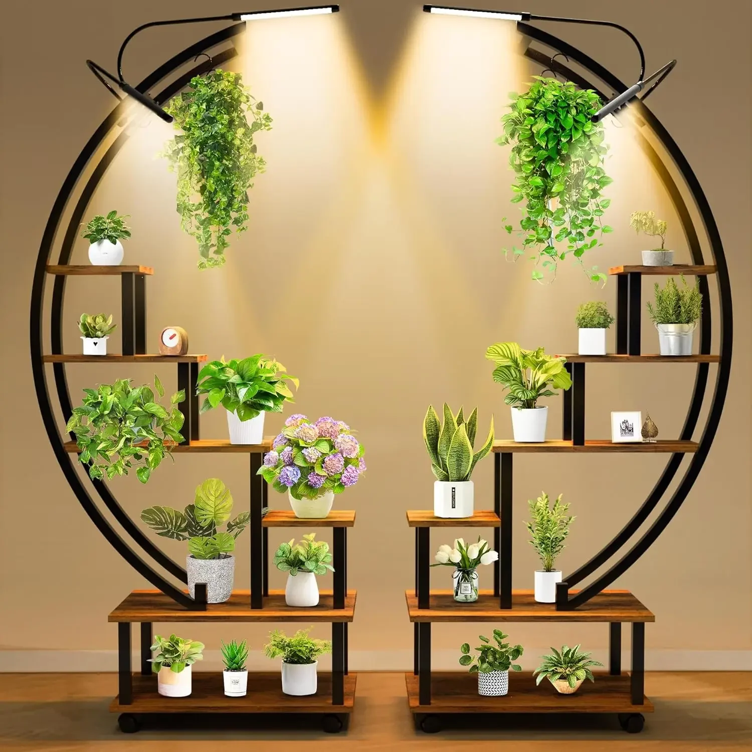 Plant Stand with Grow Light, 6 Tier Tall Plant Stand Indoor with 4 Hanging Hooks, Half Moon Shaped Ladder Plant Shelf Display Ho