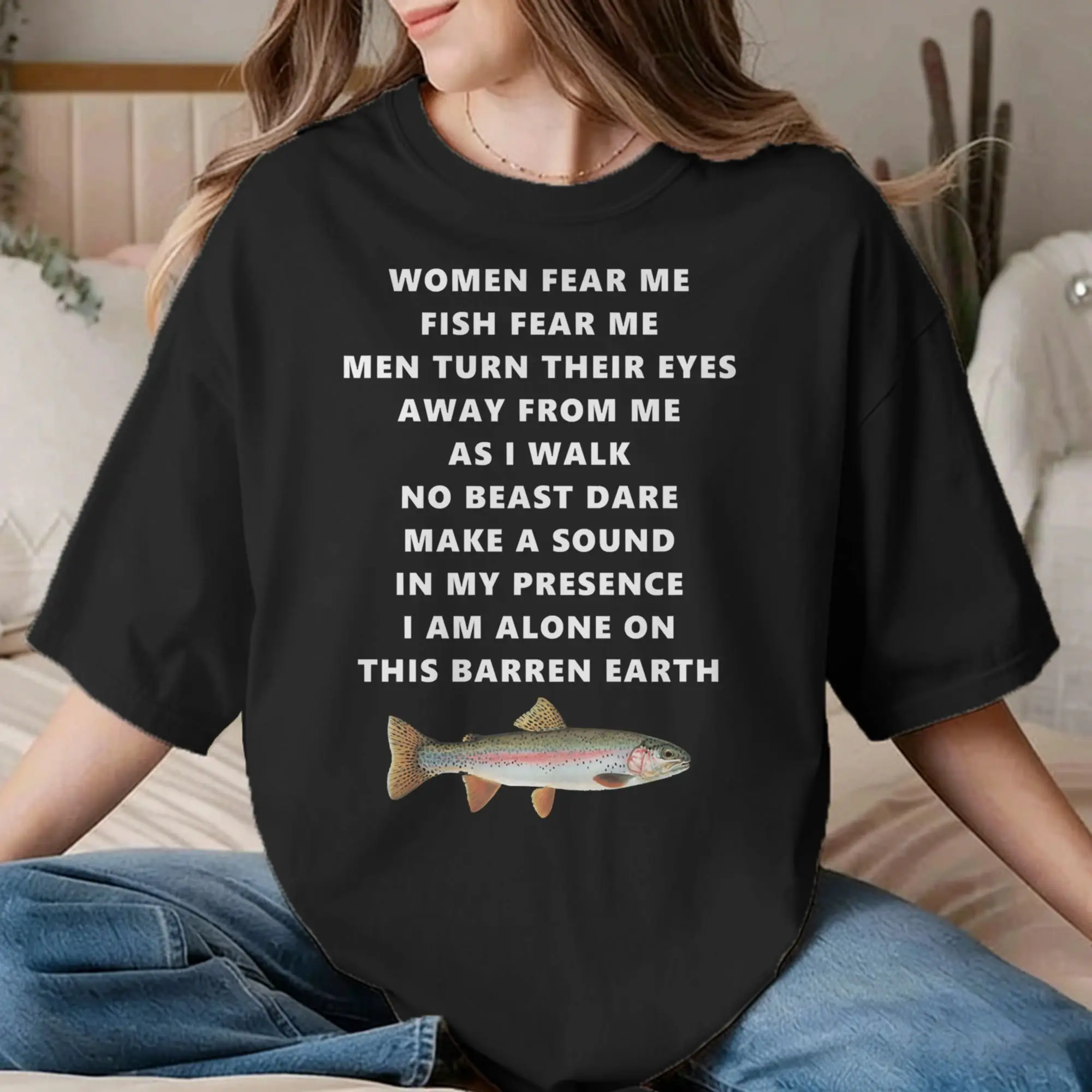 T-shirt unisexe « Women Fear Me Fish Fear Me » en pur coton, col rond, manches courtes, grande taille