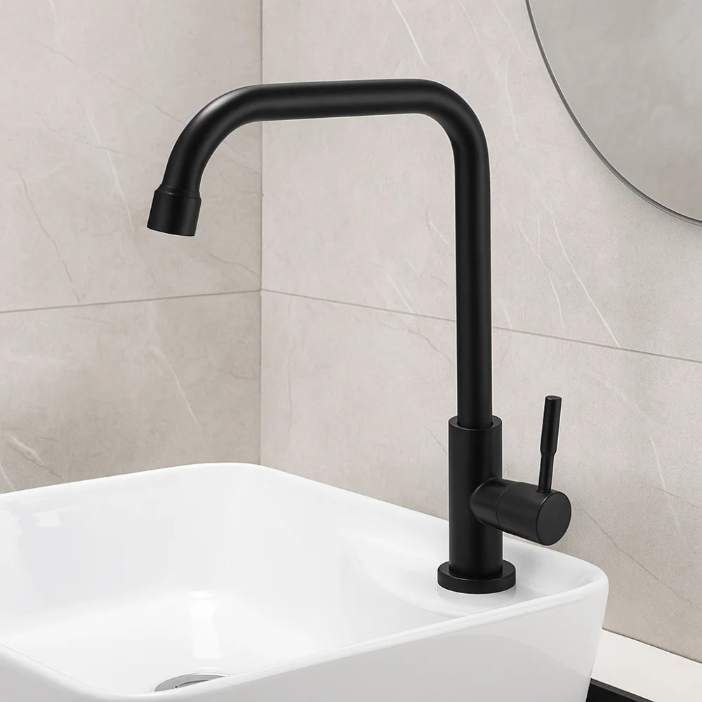 صنبور المطبخ الفولاذ المقاوم للصدأ مريح عالمي للتدوير صنبور الحائط الأسود واحد صنبور الماء البارد الحمام #2