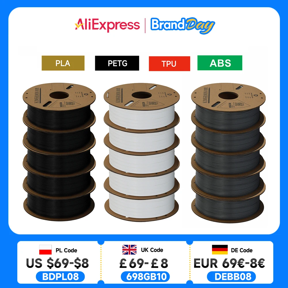 

KINGROON Нить для 3D-принтера PLA PETG TPU ABS 5 кг Комплект Черный Белый Серый 1,75 мм Без пузырьков Пластик 5 рулонов 1 кг, Случайная катушка