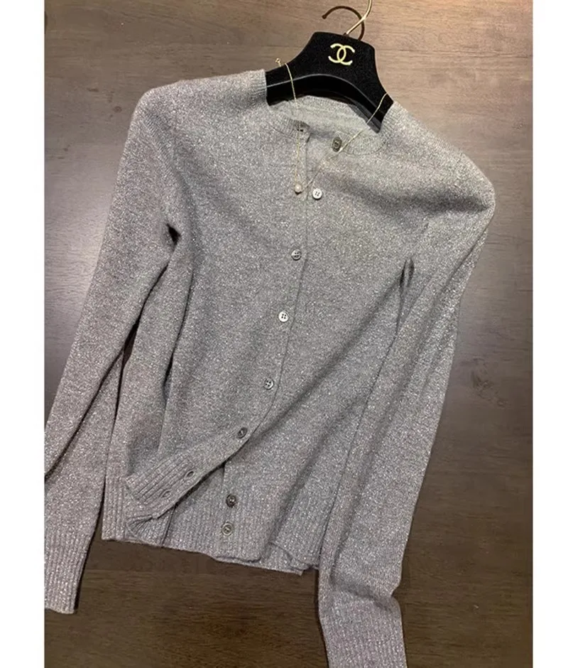 2025 spring and autumn thin cashmere cardigan women's short slim-fit sweater coat silver wire knitted shirt with top