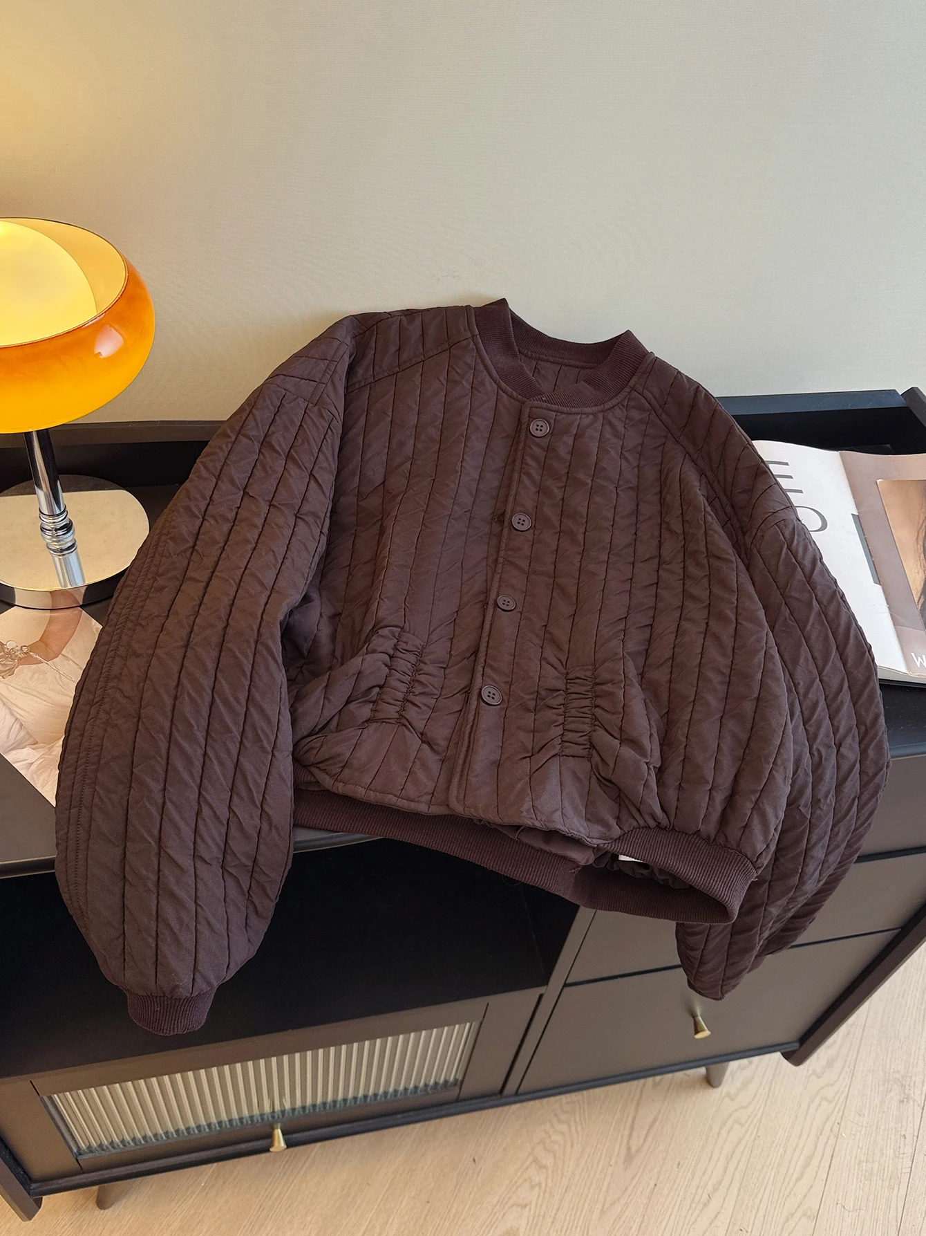 

Lightweight Cotton Jaet Women's Winter Thin Cotton Quilted Vertical Stripe Stand Collar Jaet Artistic Loose Fit Long Sve