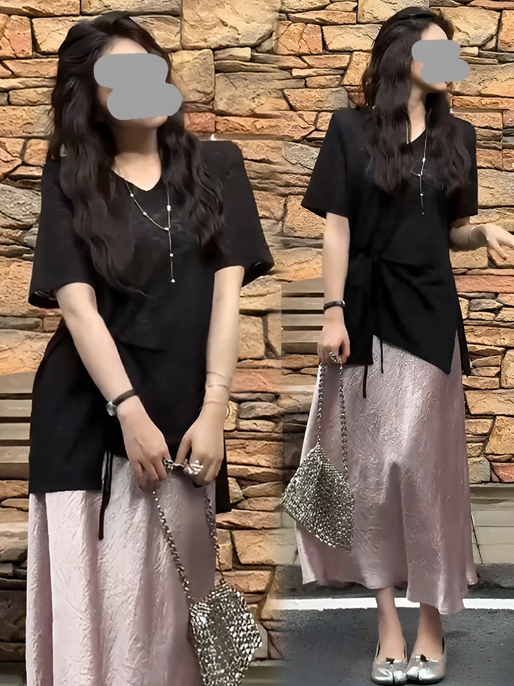 Summer New High Waist A-Line  Skirt And Short Sleeve T-Shirt Asymmetrical Slit Two-Piece Women's Fashion Set Yood Lovees view 4
