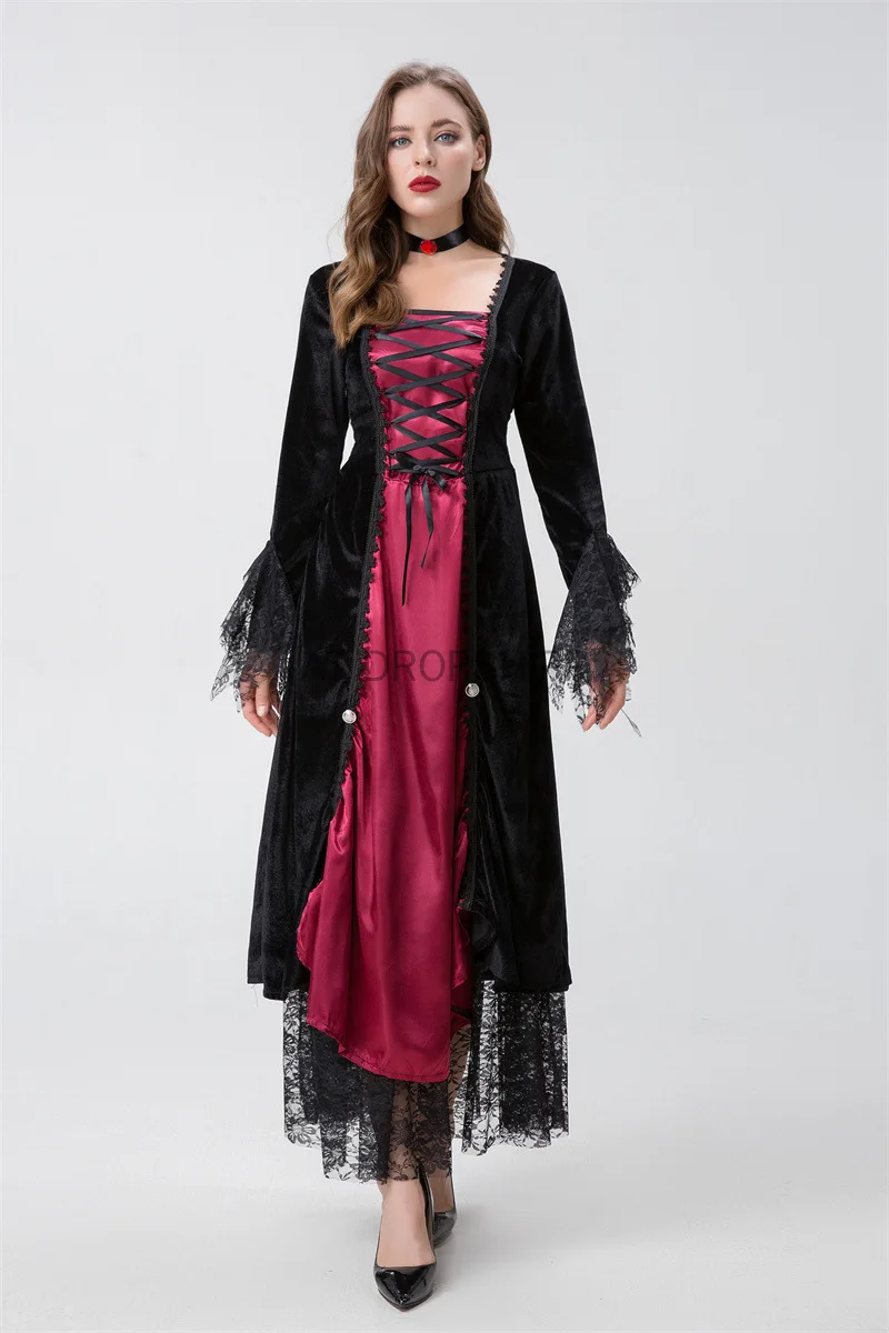 Vestido medieval para mulheres, vestido vintage com capuz, traje adulto, retrô, cosplay, dia das bruxas, assustador, vampiro, bruxa, vestido longo