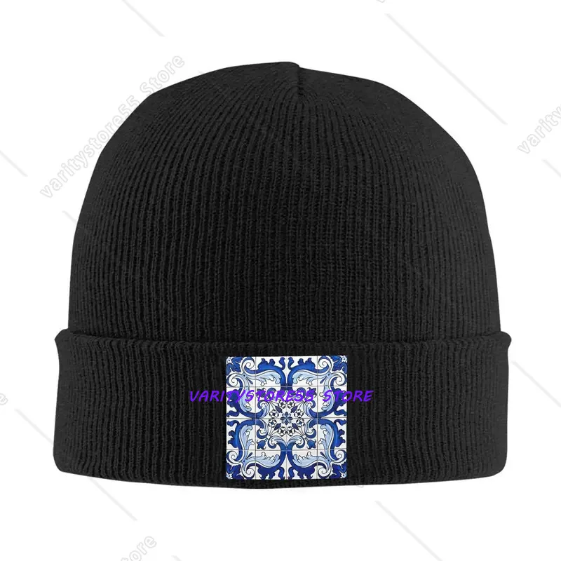 vintage Tile Floral Knitted Hats Winter Warm Beanies Cap Unisex Knit Bonnet Caps Fashion