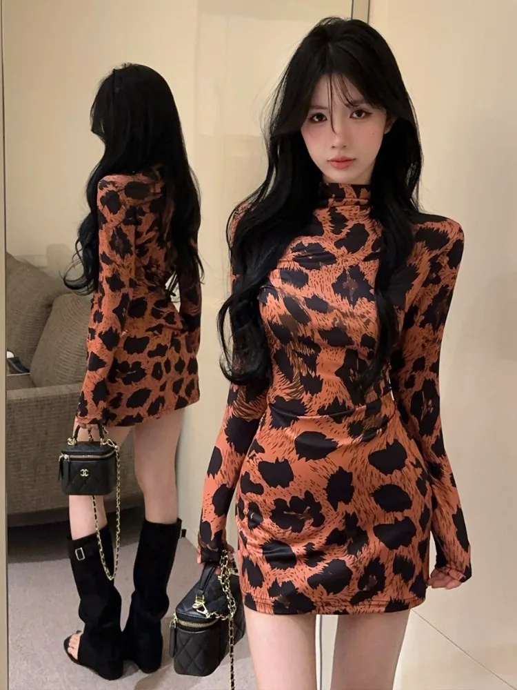 

American Retro Hot Girl Leopard Print Long Sleeve Dress High Waist Slim Fit Bodycon Skirt Street Style Asymmetric Construction