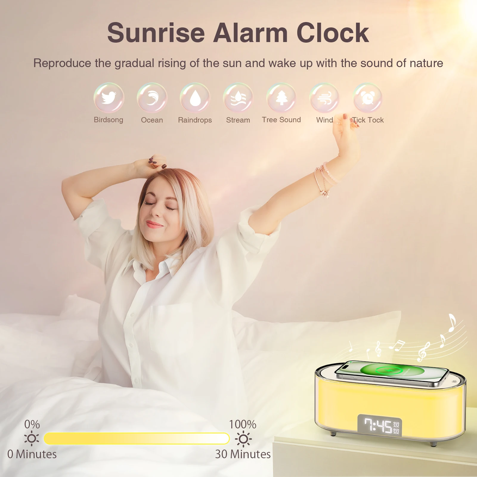 COLSUR S01T Night Lights LED Sunrise Alarm Clock Wireless Charging Natural Sounds Sleep Aid Snooze Bedroom Room Decor Lamp