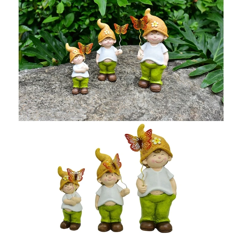 C63B  Boy Garden Statue Figurine Set of 3 Elf Sculpture Home Decorations for Indoor Outdoor Micro Landscape Decor