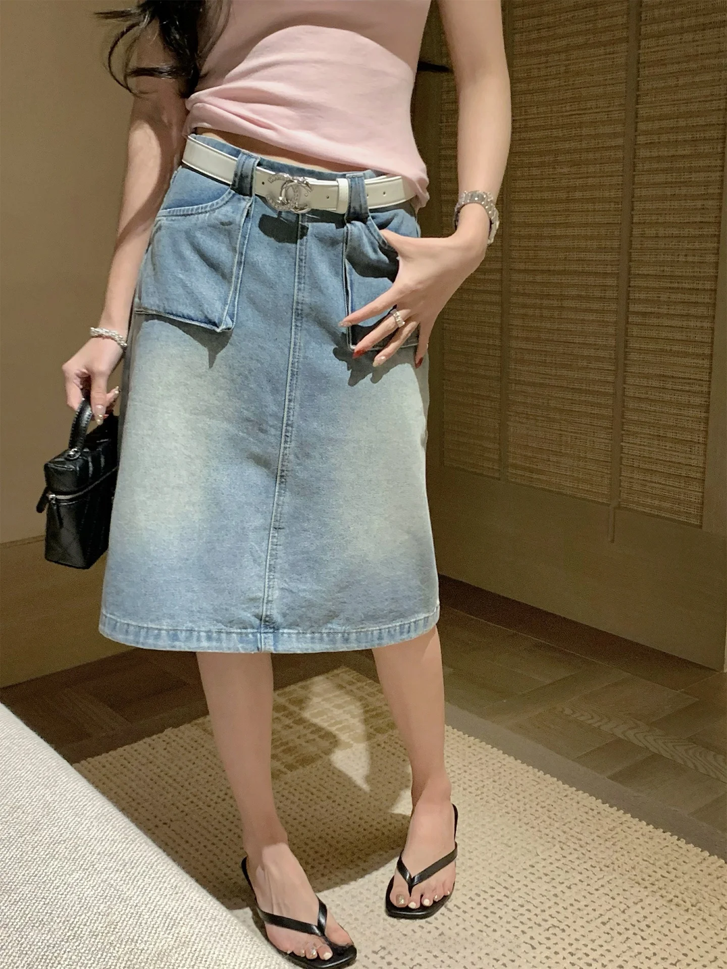 

Ретро-юбка из выцветшего синего денима с карманами, прямого кроя, для женщин, весна-лето, новинка