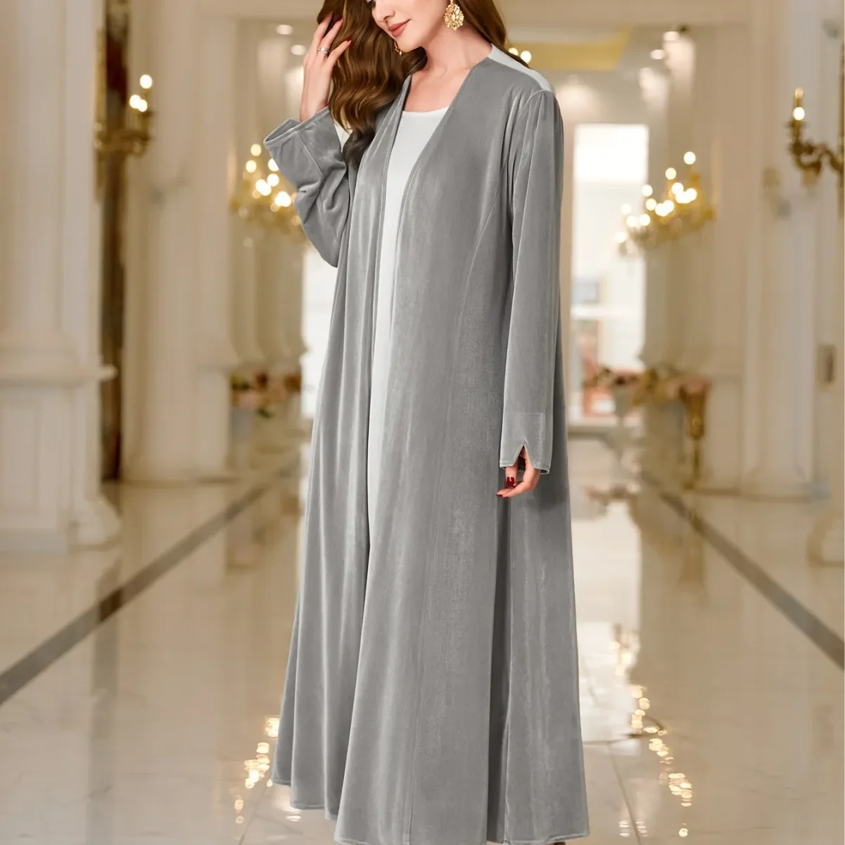 Ramadan Women's Clothing Autumn and Winter Thick Flannel Cardigan Abaya Solid Color Robe for Women