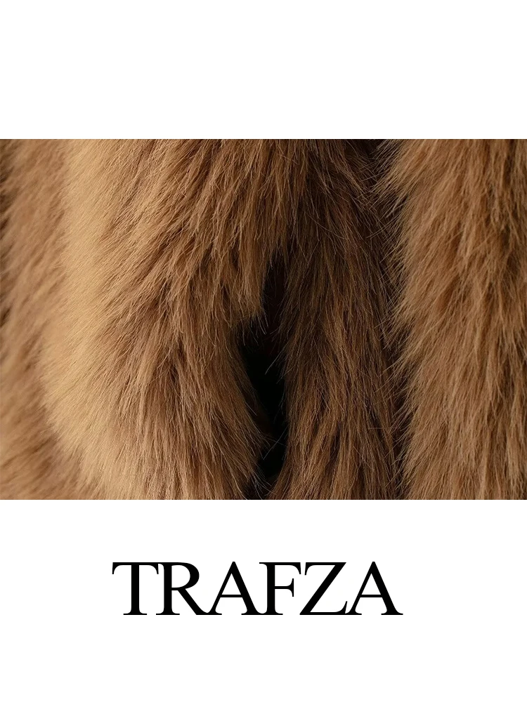 Trafza moda feminina inverno peludo turn down collar manga longa jaqueta feminina elegante quente zíper efeito de pele do falso casaco texturizado