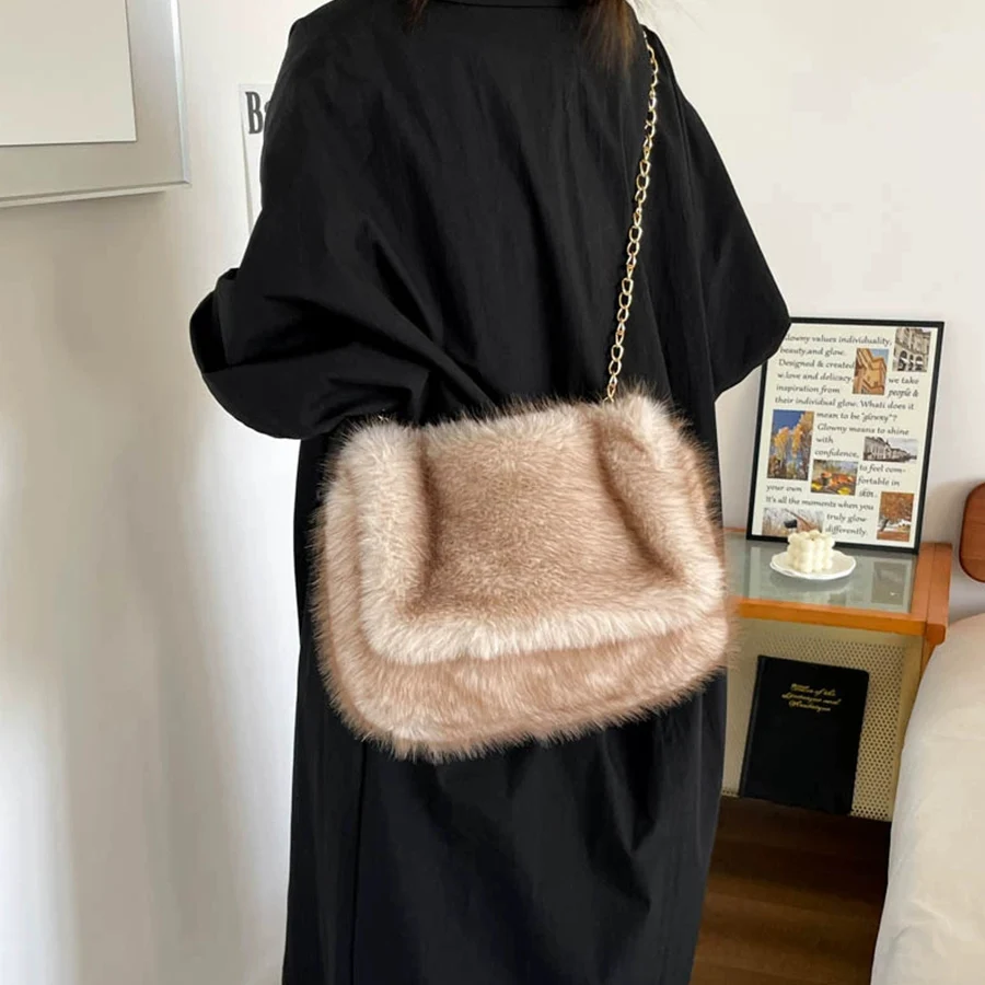 Plush Faux Fur Tote Bag for Women Winter Shoulder Bag Casual Fluffy Crossbody Bags Fashion Chain Handbag Girls Soft Purse Bolsas
