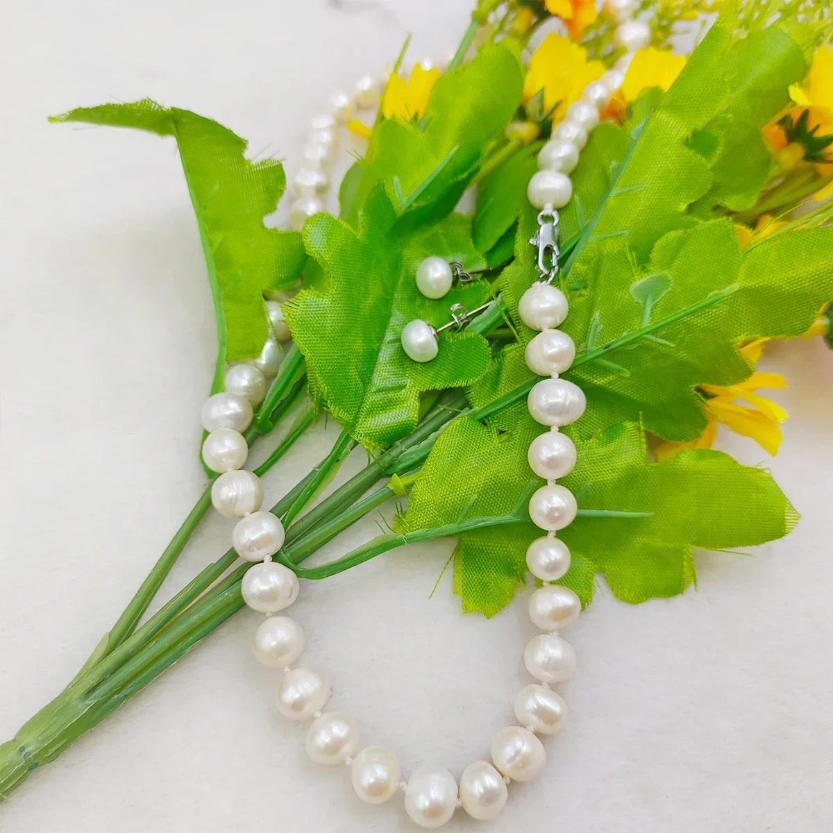 100% Natural Beads 6-7/7-8/8-9mm White Tahiti Pearl Necklace Near Round 17\'\'+Earrings DIY Jewelry Sets Gifts for Girl Women