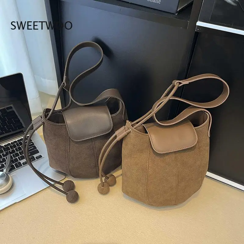 

Suede Mini Bucket Bag with Pom Pom Detail Crossbody Handbag