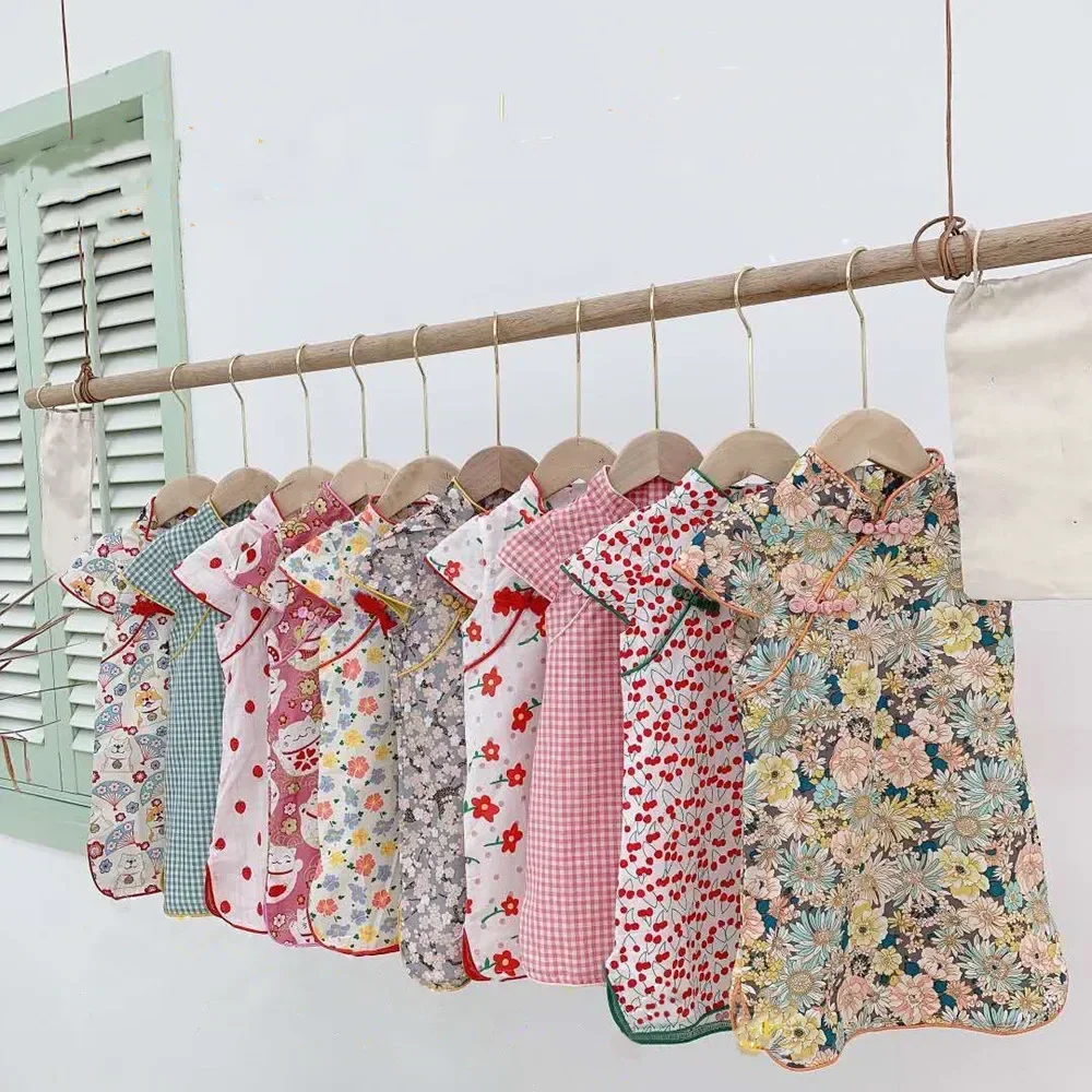 Summer Cheongsam Girl Dress Traditional Chinese Clothes Baby Vestidos Children Modern Qipao Kids Hanfu Tang Girls Casual Dresses