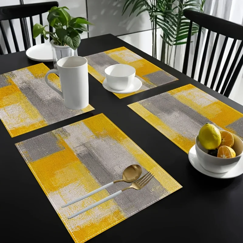 VIKAMA Yellow Gray Abstract Oil Painting Placemat, Geometric Ins Style Heat Resistant Table Mat