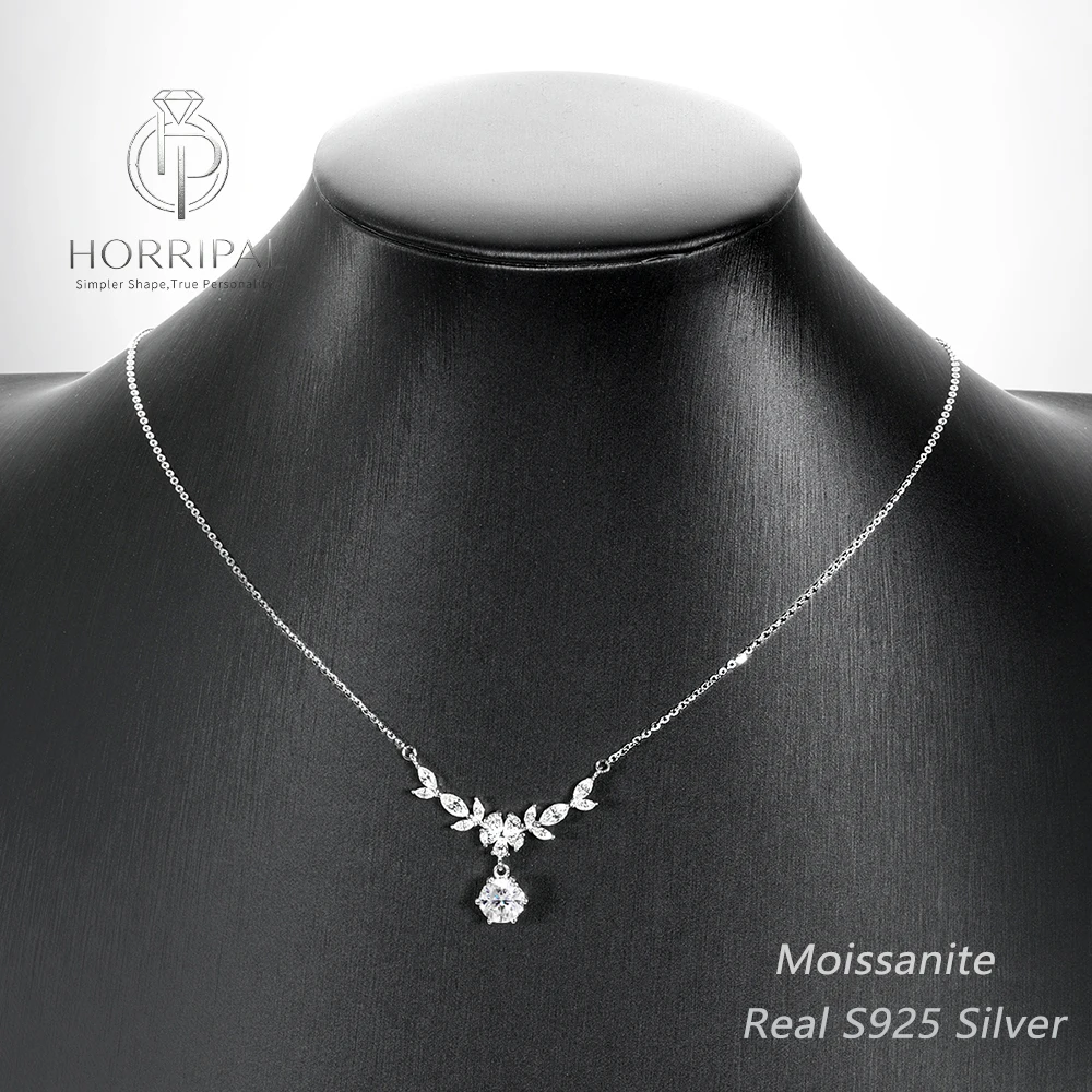 HORRIPAL 2CT Round Moissanite Floral Pendant Necklaces for Women V Shape Leaf S925 Silver GRA Certified Wedding Anniversary Gift