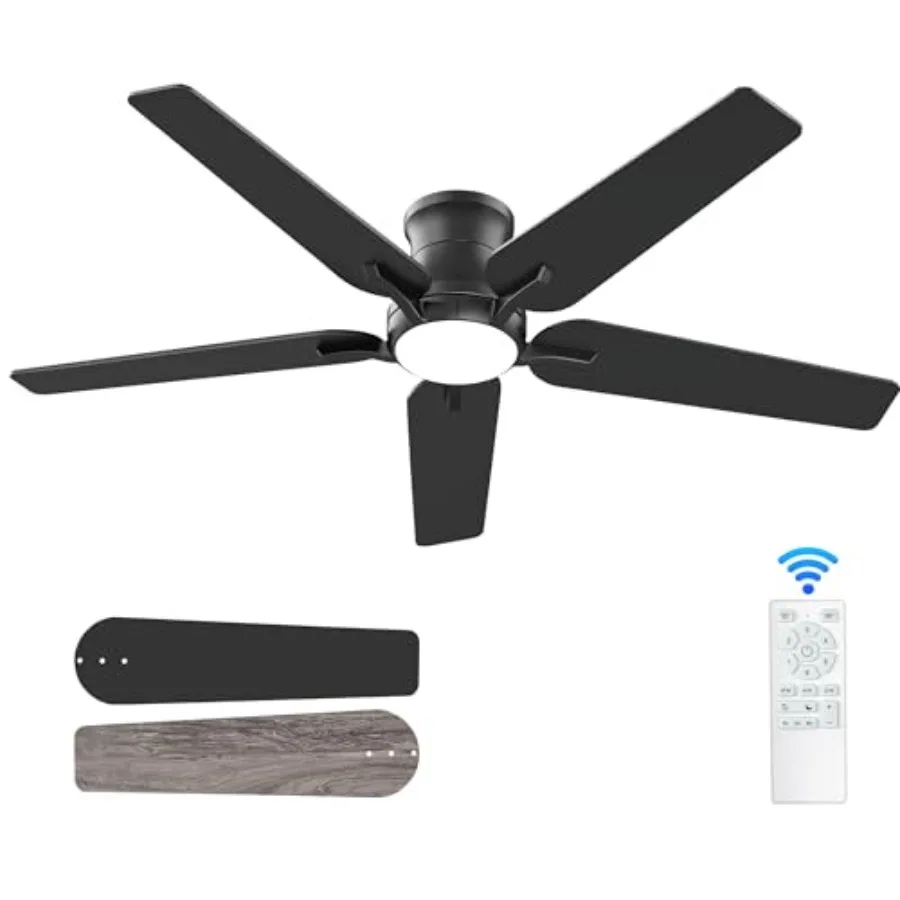 

52 Inch Black Ceiling Fans with Lights and Remote, Flush Mount Low Profile Ceiling Fan for Bedroom, Living Room, Patio, Dimmabl