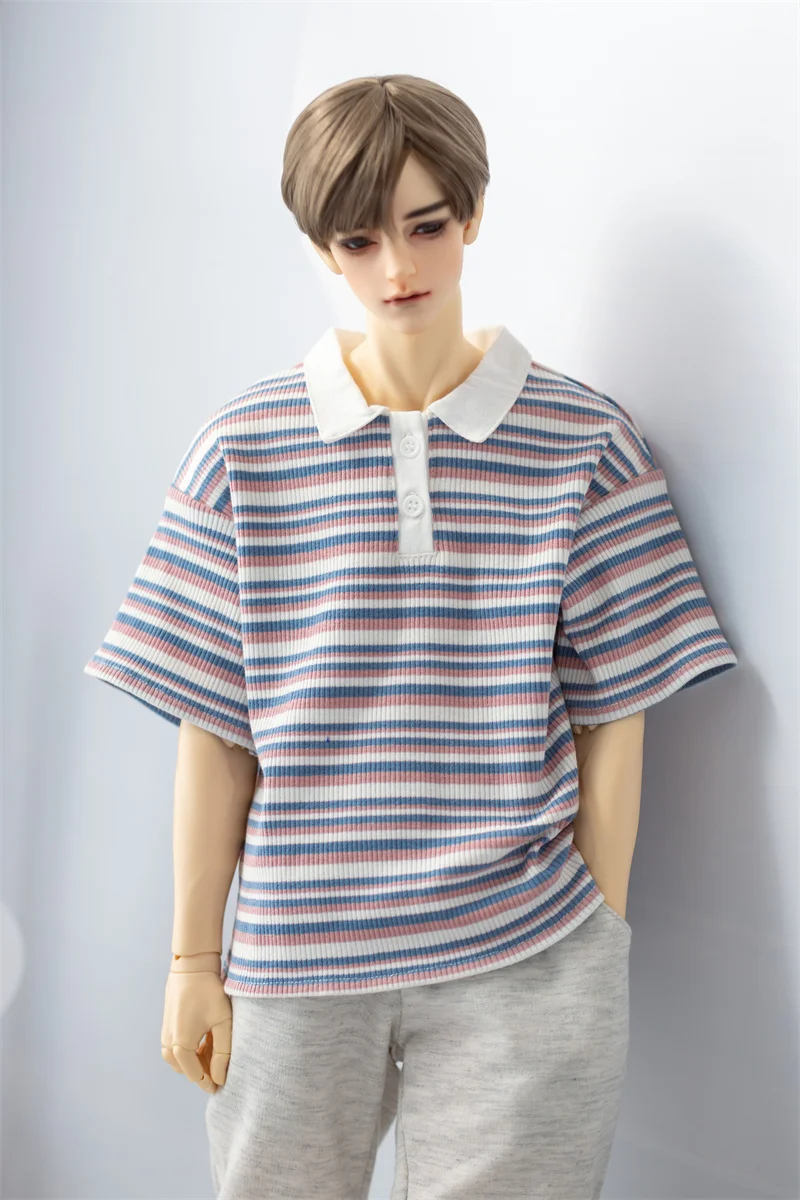 

BJD Doll T-shirts 1/4 1/3 ID75 Girls Boys Stand Collar Striped Knit Loose Casual Short Sleeve Toy In Stock Gift Doll Accessories